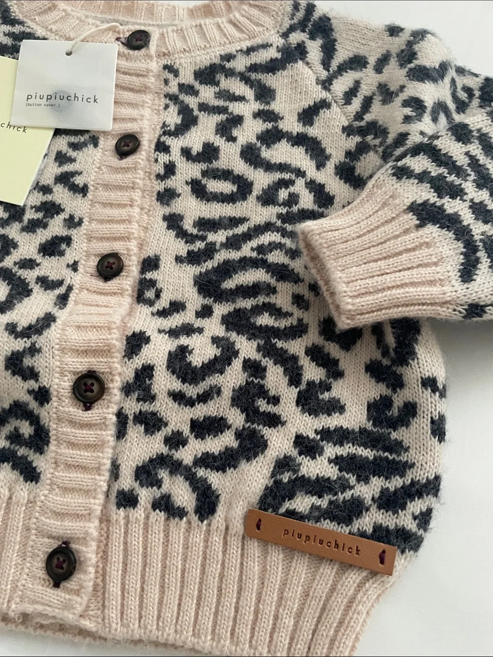 Piupichick Leopard Knit Cardigan & Jogger Set - Beige and Black